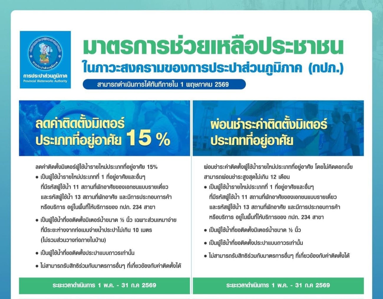 แจ้งประชาสัมพันธ์ จาก กปภ. ขานรับนโยบายรัฐ ช่วยลดภาระค่าติดตั้งประปาใหม่