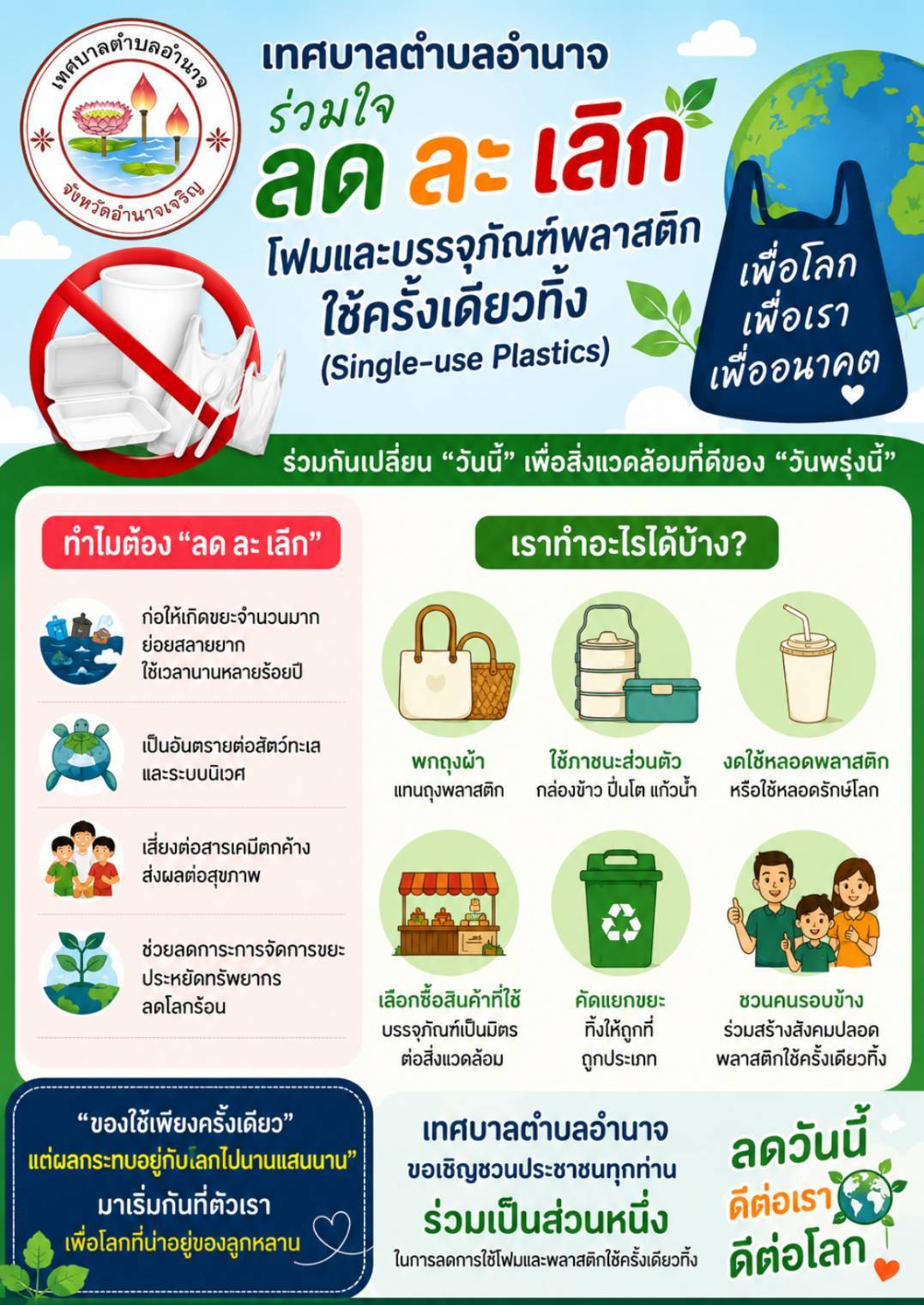เทศบาลตำบลอำนาจ ร่วมใจ ลด ละ เลิก โฟมและบรรจุภัณฑ์พลสติกใช้ครั้งเดียวทิ้ง